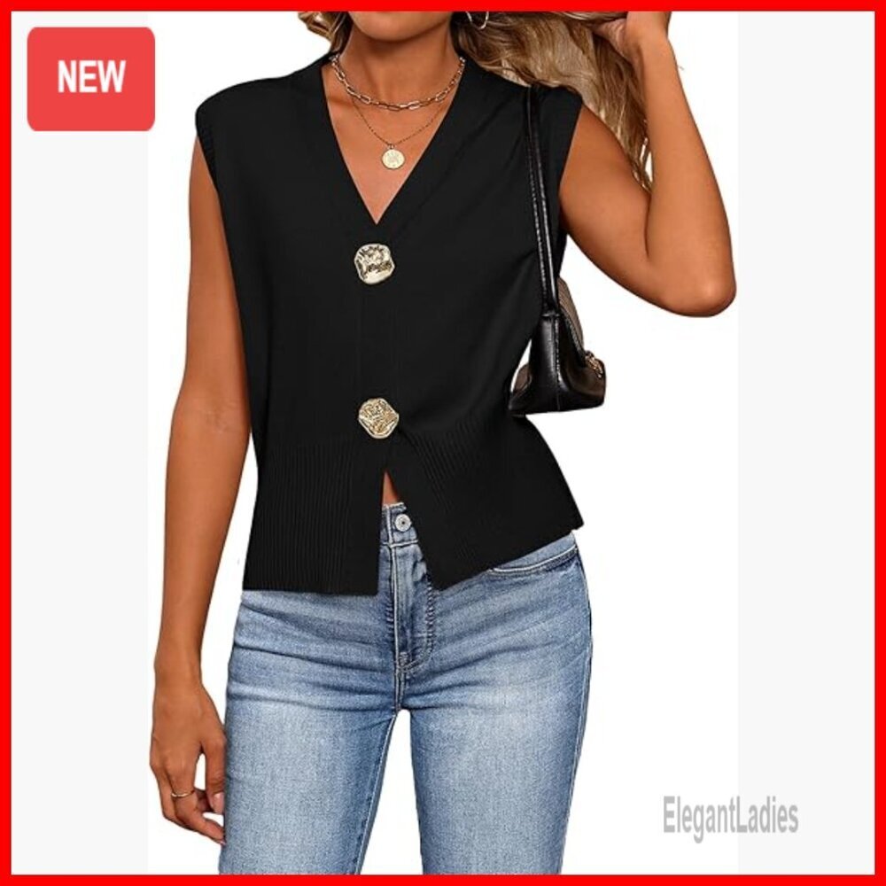 V-Neck Cropped Ribbed Sweater Vest Lightweight Pullover Sleeveless Top